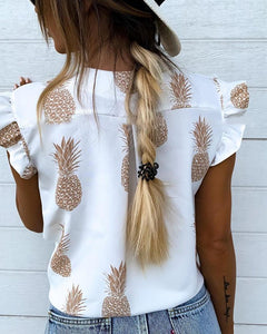 Pineapple Print Flutter Sleeve Casual Blouse