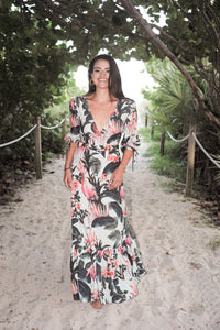 Tropical Print Lace-Up Back Maxi Dress