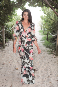 Tropical Print Lace-Up Back Maxi Dress