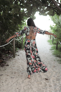 Tropical Print Lace-Up Back Maxi Dress