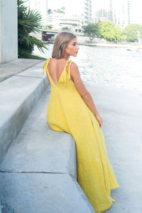 Yellow Linen Tie Shoulder Dress