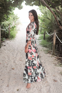 Tropical Print Lace-Up Back Maxi Dress