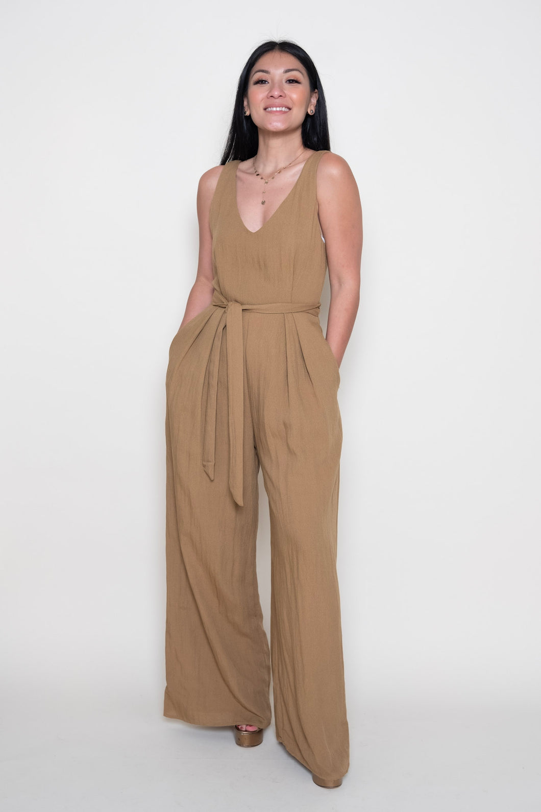 Tan Sleeveless Open Back Jumpsuit