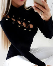 Load image into Gallery viewer, Eyelet Lace-Up Long Sleeve Blouse
